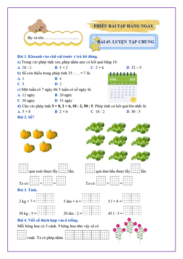 Bài tập hàng ngày Toán lớp 2 Bài 45: Luyện tập chung | Kết nối tri thức