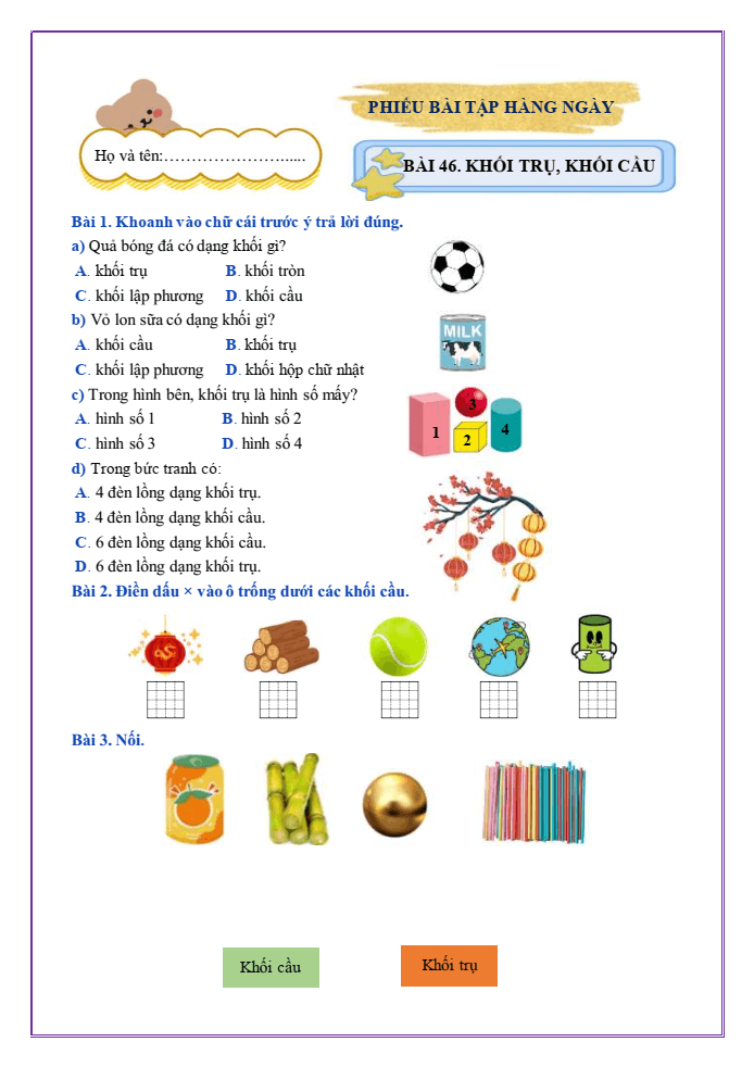 Bài tập hàng ngày Toán lớp 2 Bài 46: Khối trụ, khối cầu | Kết nối tri thức