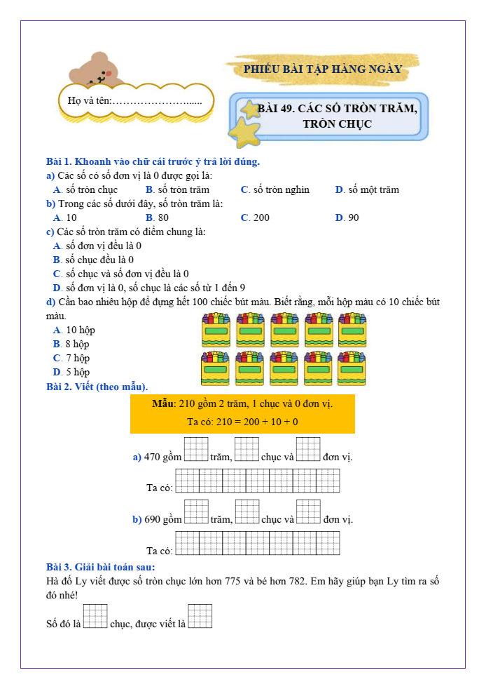 Bài tập hàng ngày Toán lớp 2 Bài 49: Các số tròn trăm, tròn chục | Kết nối tri thức