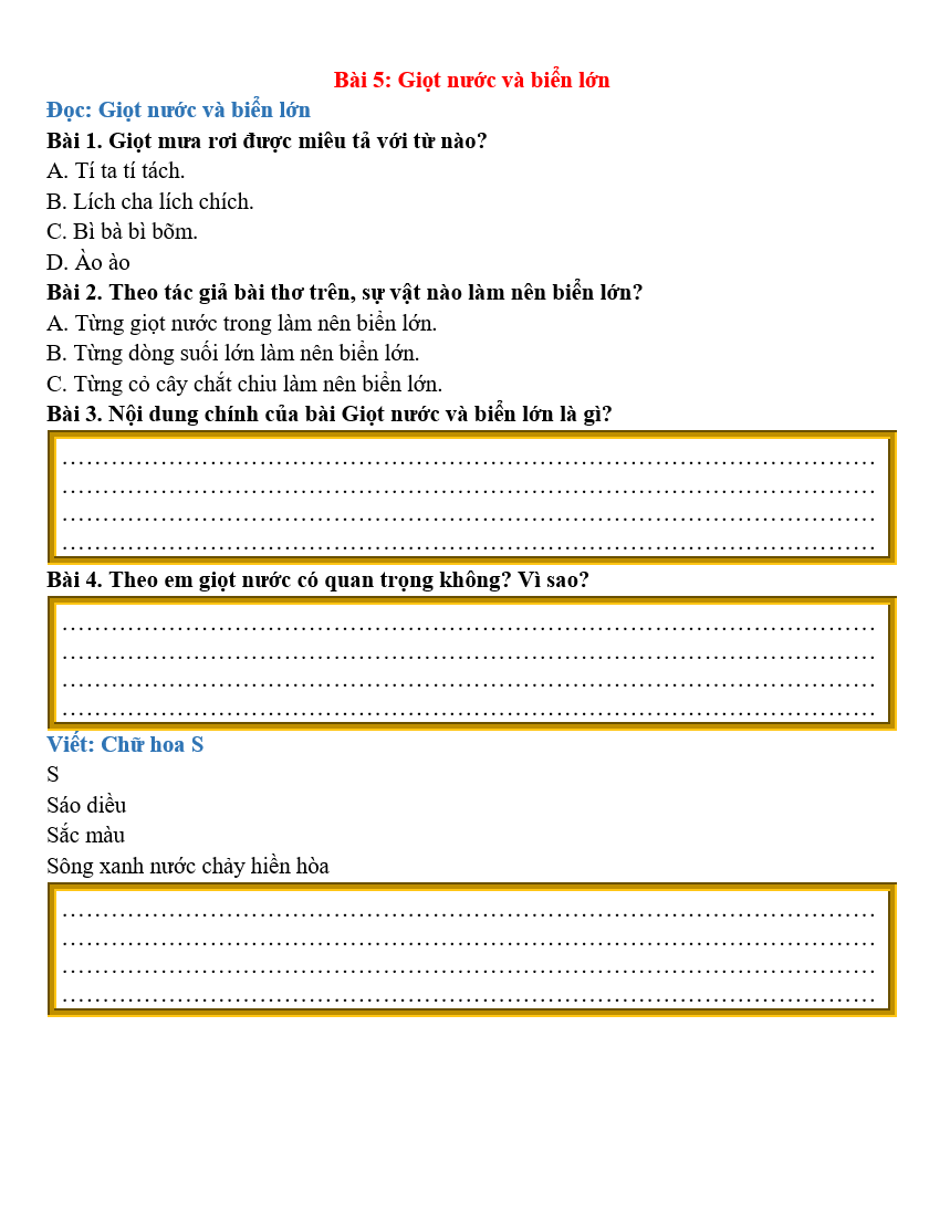 Bài tập hàng ngày Tiếng Việt lớp 2 Bài 5: Giọt nước và biển lớn | Kết nối tri thức