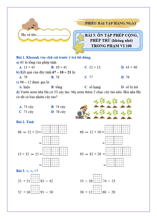 Bài tập hàng ngày Toán lớp 2 Bài 5: Ôn tập phép cộng, phép trừ (không nhớ) trong phạm vi 100 | Kết nối tri thức