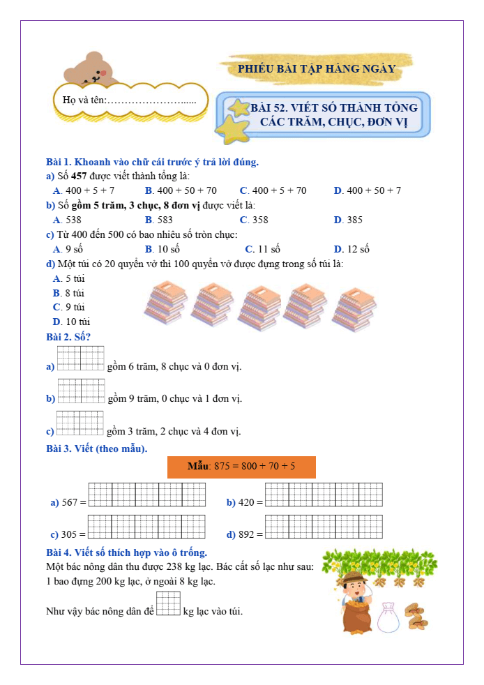 Bài tập hàng ngày Toán lớp 2 Bài 52: Viết số thành tổng các trăm, chục, đơn vị | Kết nối tri thức