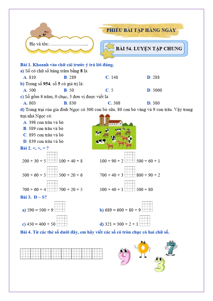 Bài tập hàng ngày Toán lớp 2 Bài 54: Luyện tập chung | Kết nối tri thức