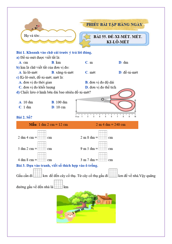 Bài tập hàng ngày Toán lớp 2 Bài 55: Đề-xi-mét. Mét. Ki-lô-mét | Kết nối tri thức