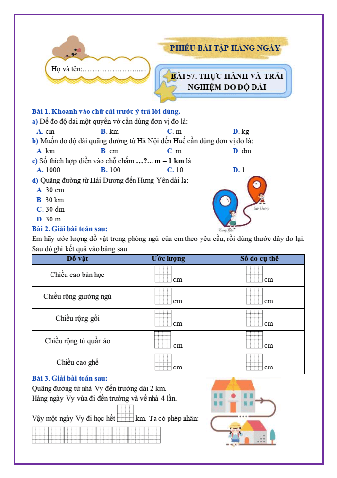 Bài tập hàng ngày Toán lớp 2 Bài 57: Thực hành và trải nghiệm đo độ dài | Kết nối tri thức