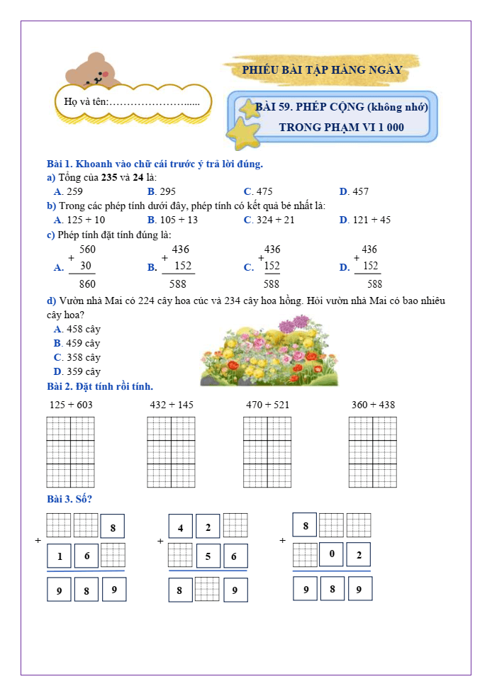 Bài tập hàng ngày Toán lớp 2 Bài 59: Phép cộng (không nhớ) trong phạm vi 1000 | Kết nối tri thức