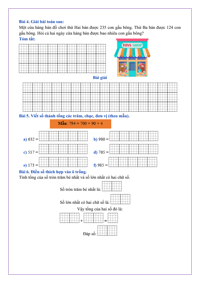 Bài tập hàng ngày Toán lớp 2 Bài 59: Phép cộng (không nhớ) trong phạm vi 1000 | Kết nối tri thức