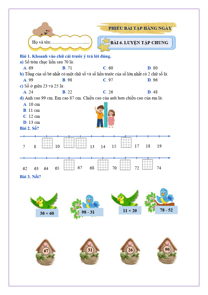 Bài tập hàng ngày Toán lớp 2 Bài 6: Luyện tập chung | Kết nối tri thức