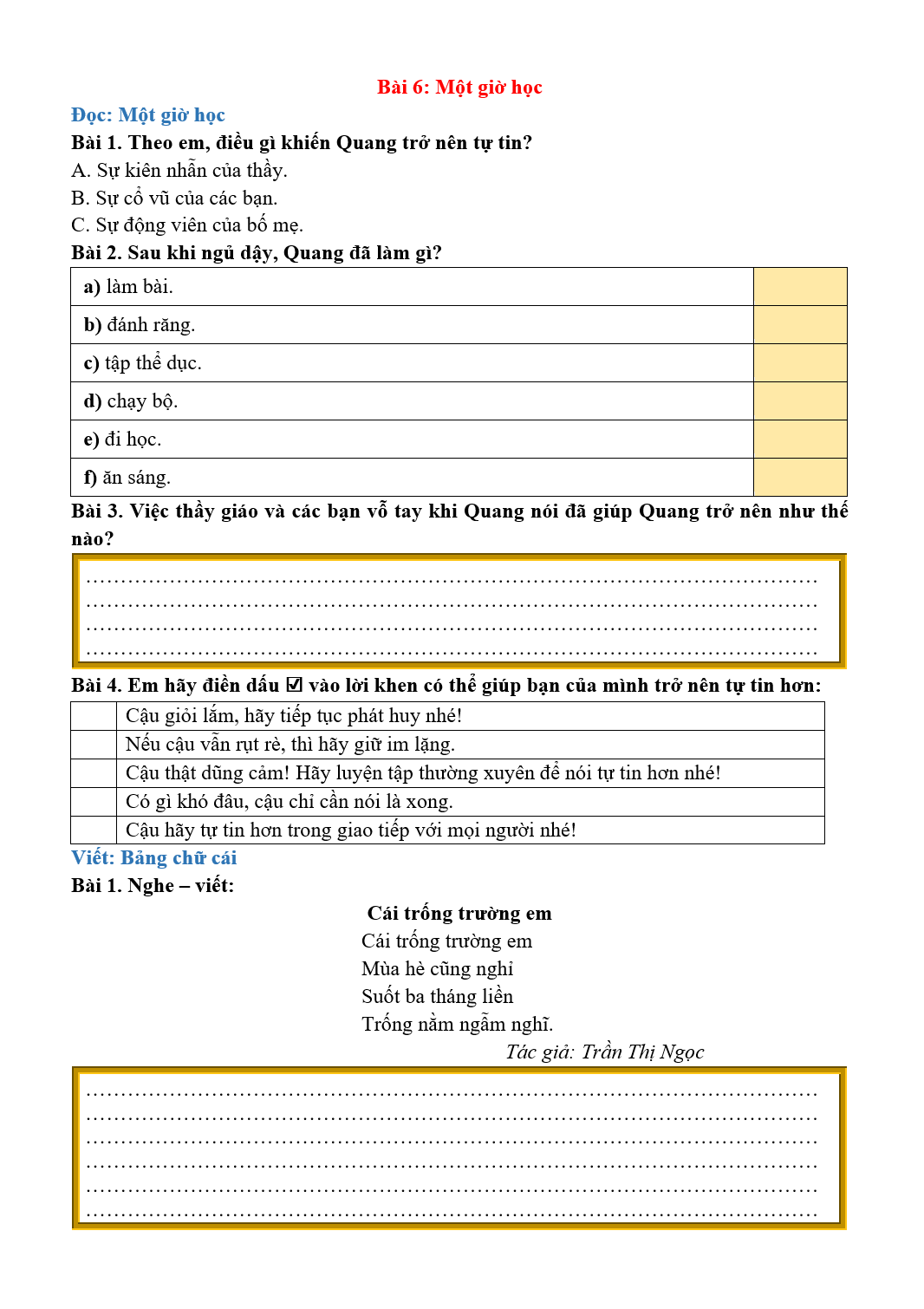 Bài tập hàng ngày Tiếng Việt lớp 2 Bài 6: Một giờ học | Kết nối tri thức