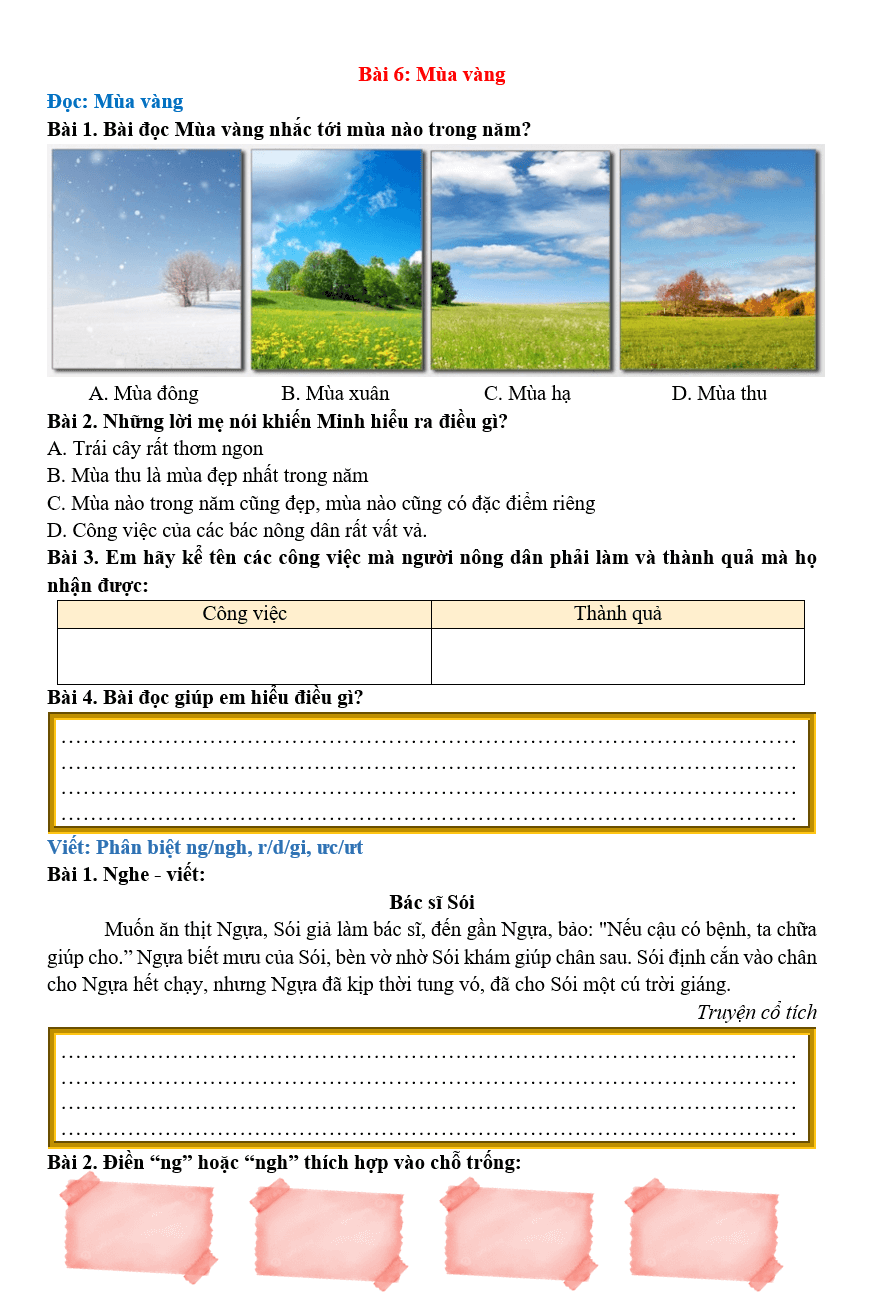 Bài tập hàng ngày Tiếng Việt lớp 2 Bài 6: Mùa vàng | Kết nối tri thức