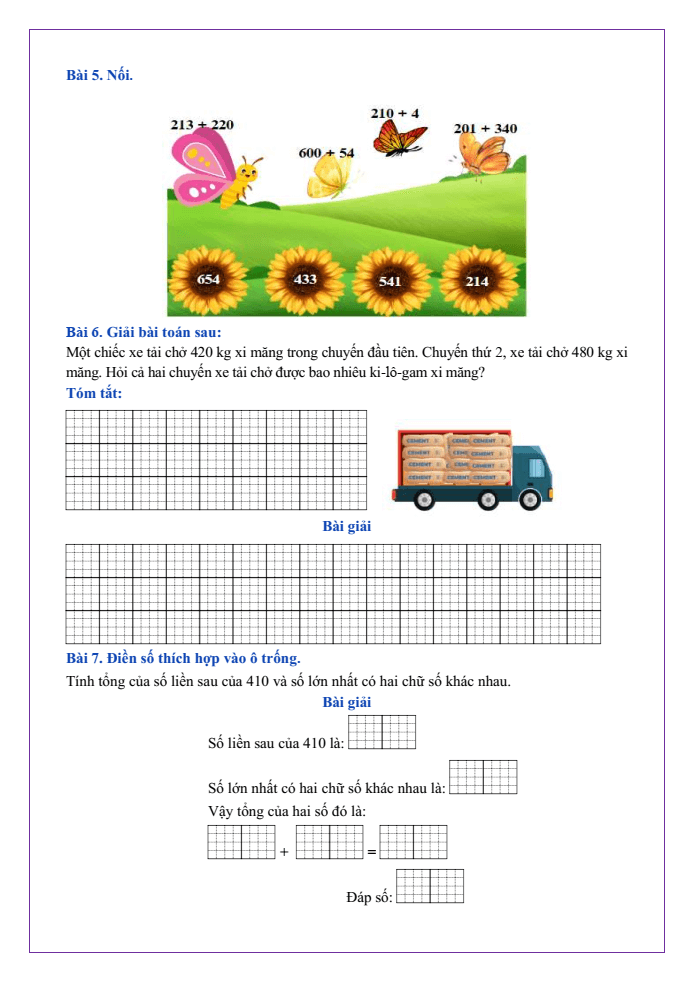 Bài tập hàng ngày Toán lớp 2 Bài 60: Phép cộng (có nhớ) trong phạm vi 1000 | Kết nối tri thức