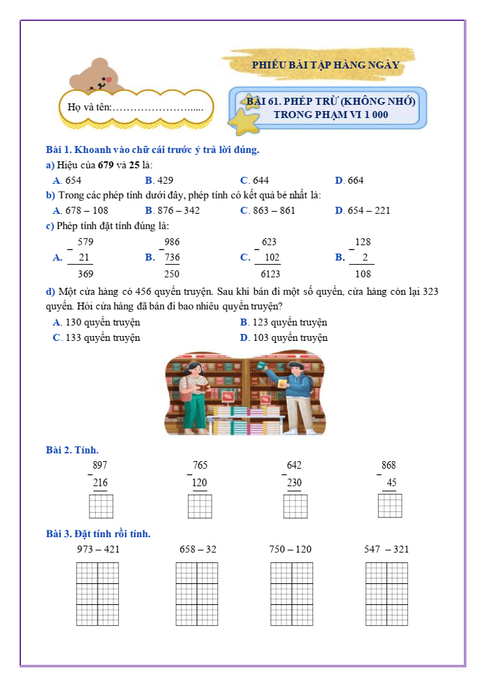 Bài tập hàng ngày Toán lớp 2 Bài 61: Phép trừ (không nhớ) trong phạm vi 1000 | Kết nối tri thức