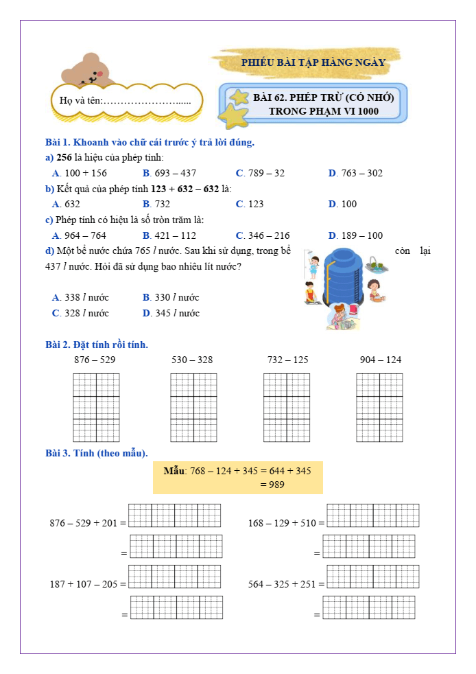 Bài tập hàng ngày Toán lớp 2 Bài 62: Phép trừ (có nhớ) trong phạm vi 1000 | Kết nối tri thức