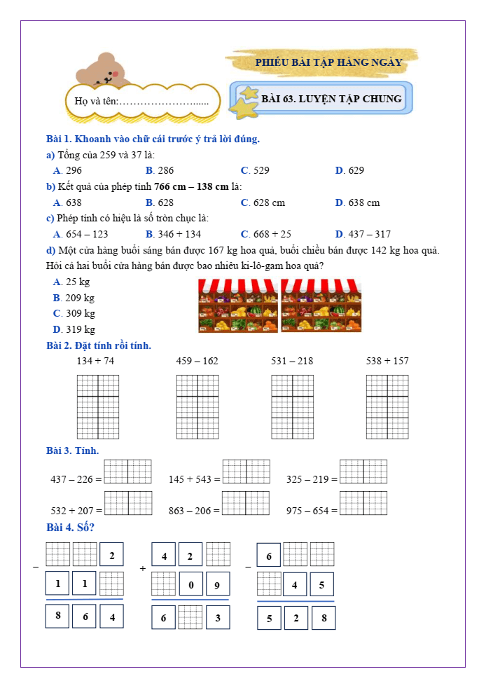 Bài tập hàng ngày Toán lớp 2 Bài 63: Luyện tập chung | Kết nối tri thức