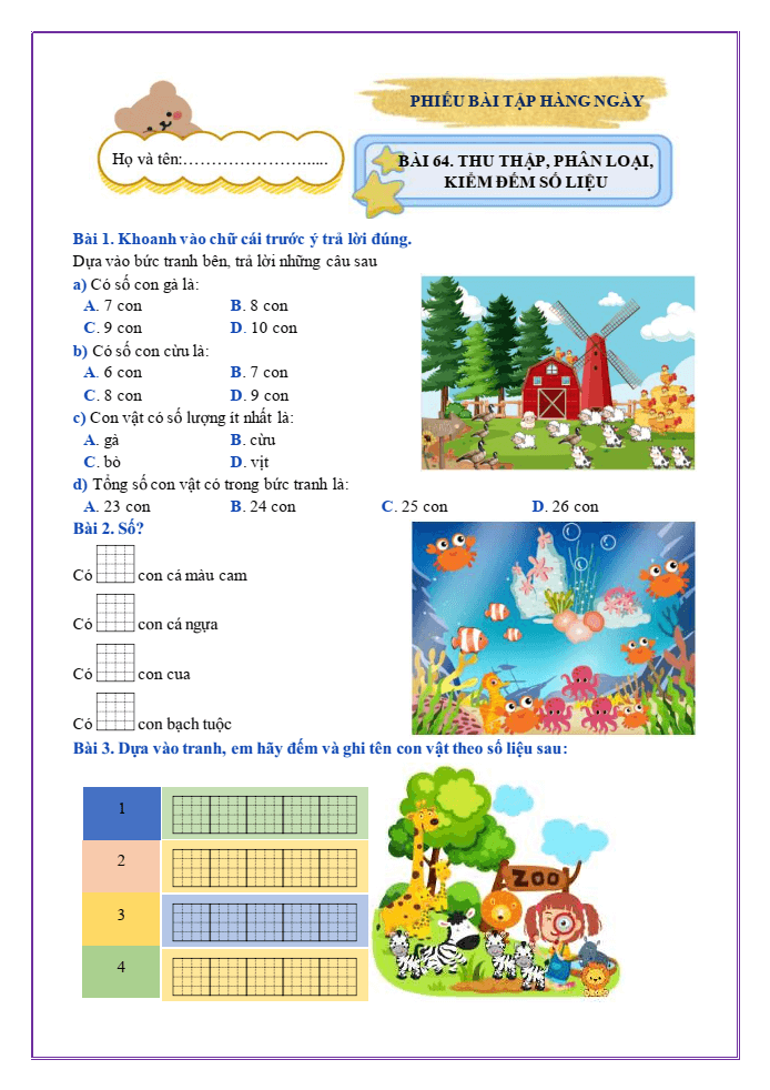 Bài tập hàng ngày Toán lớp 2 Bài 64: Thu thập, phân loại, kiểm đếm số liệu | Kết nối tri thức