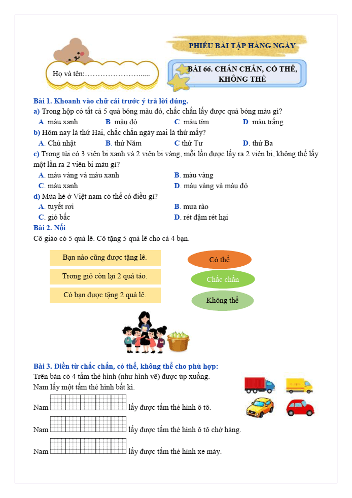 Bài tập hàng ngày Toán lớp 2 Bài 66: Chắc chắn, có thể, không thể | Kết nối tri thức