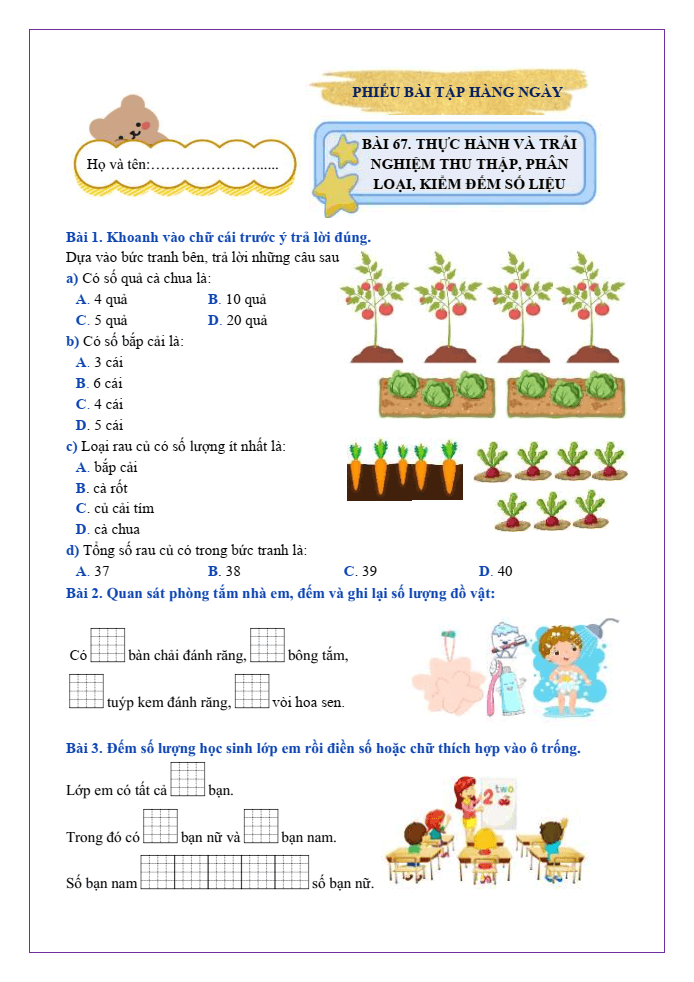 Bài tập hàng ngày Toán lớp 2 Bài 67: Thực hành và trải nghiệm thu thập, phân loại, kiểm đếm số liệu | Kết nối tri thức