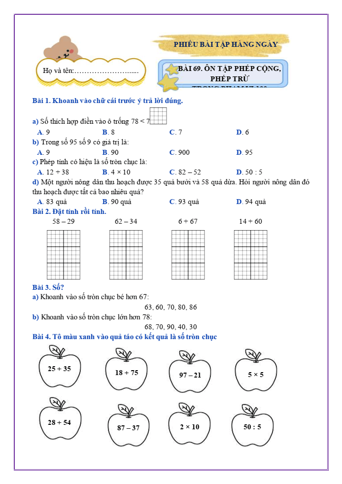 Bài tập hàng ngày Toán lớp 2 Bài 69: Ôn tập phép cộng, phép trừ trong phạm vi 100 | Kết nối tri thức