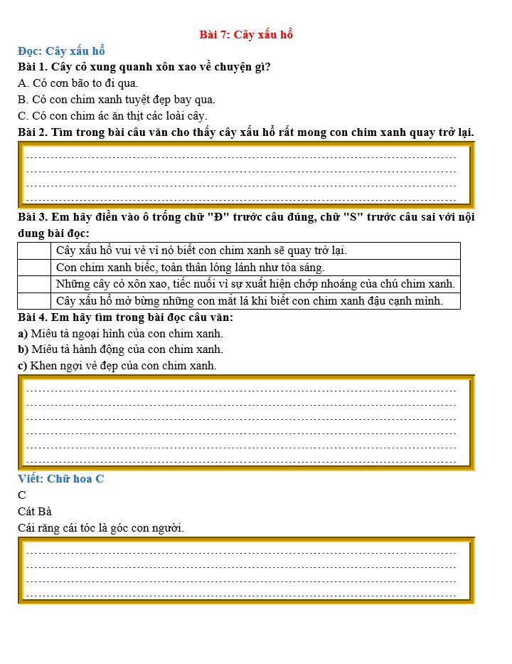 Bài tập hàng ngày Tiếng Việt lớp 2 Bài 7: Cây xấu hổ | Kết nối tri thức