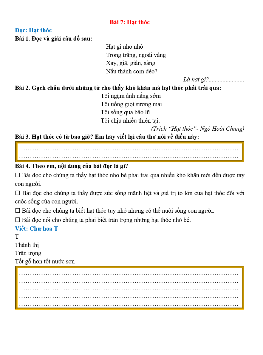 Bài tập hàng ngày Tiếng Việt lớp 2 Bài 7: Hạt thóc | Kết nối tri thức