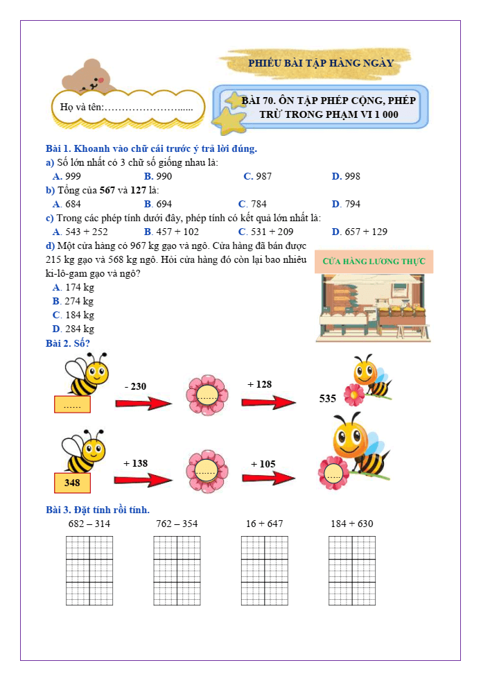 Bài tập hàng ngày Toán lớp 2 Bài 70: Ôn tập phép cộng, phép trừ trong phạm vi 1000 | Kết nối tri thức