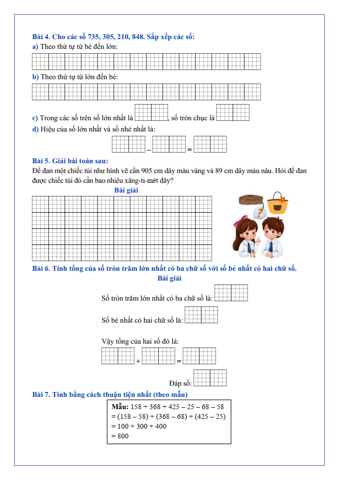 Bài tập hàng ngày Toán lớp 2 Bài 70: Ôn tập phép cộng, phép trừ trong phạm vi 1000 | Kết nối tri thức