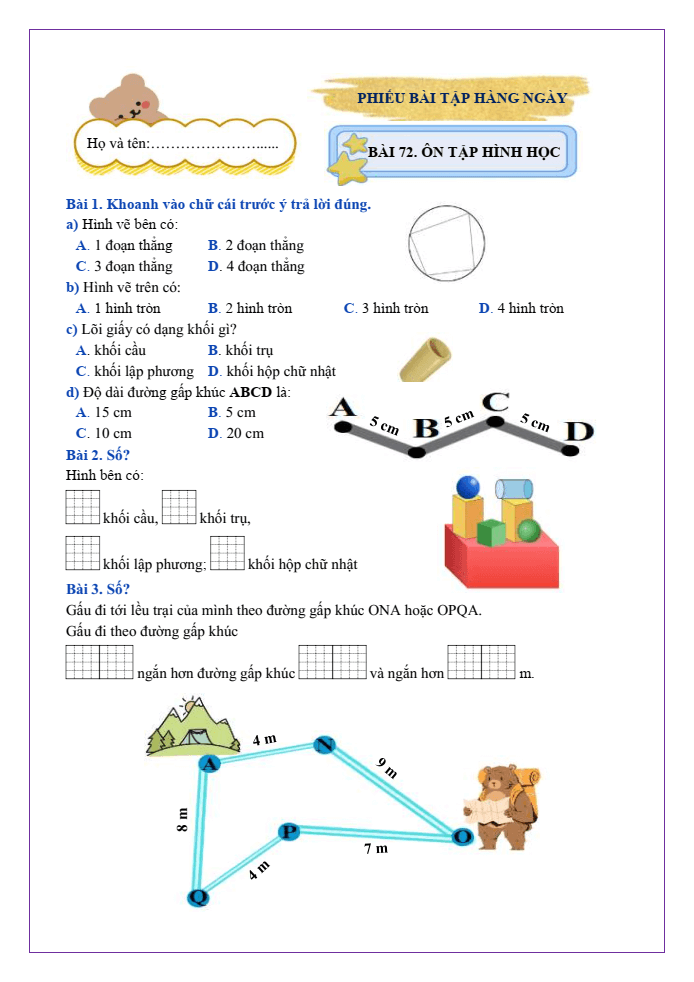 Bài tập hàng ngày Toán lớp 2 Bài 72: Ôn tập hình học | Kết nối tri thức