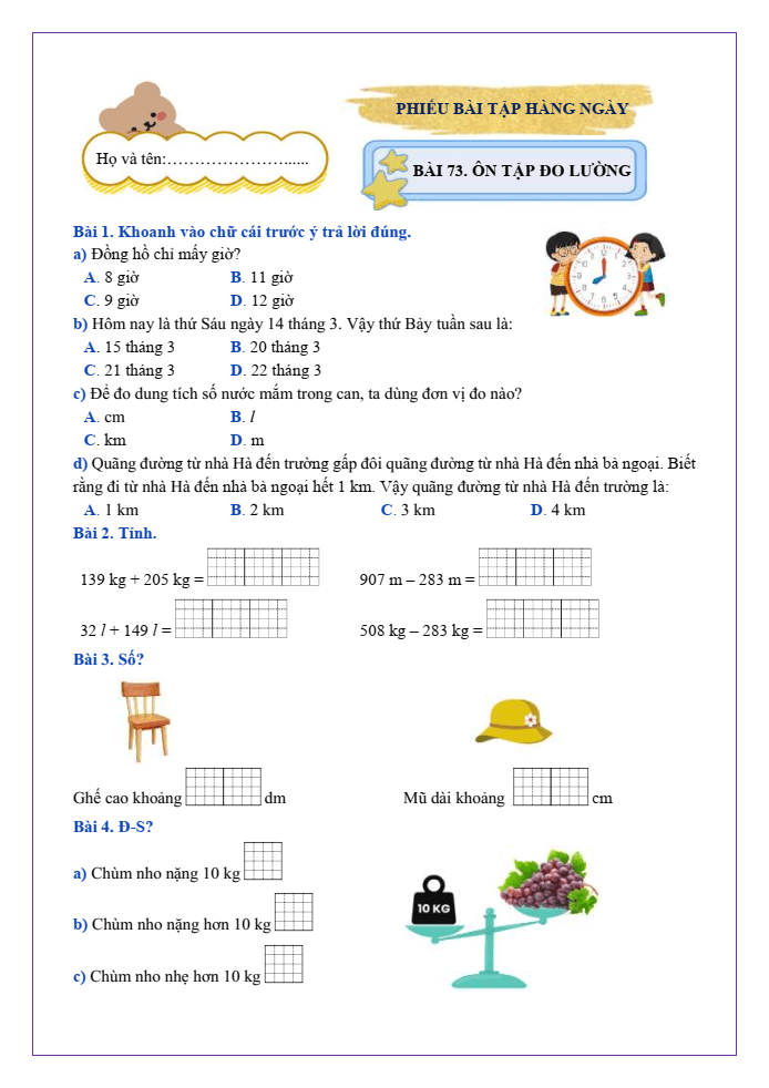 Bài tập hàng ngày Toán lớp 2 Bài 73: Ôn tập đo lường | Kết nối tri thức