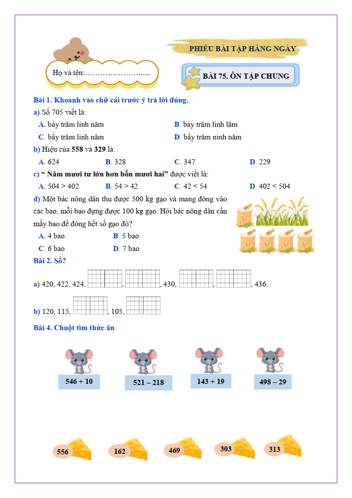 Bài tập hàng ngày Toán lớp 2 Bài 75: Ôn tập chung | Kết nối tri thức