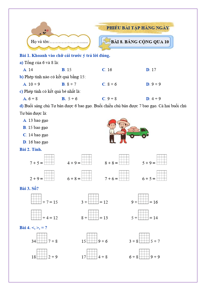 Bài tập hàng ngày Toán lớp 2 Bài 8: Bảng cộng qua 10 | Kết nối tri thức
