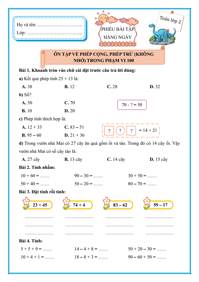 Bài tập hàng ngày Toán lớp 2 Cánh diều Học kì 1 (có lời giải)