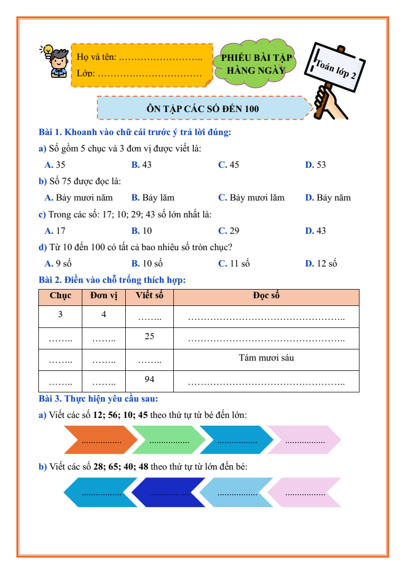 Bài tập hàng ngày Toán lớp 2 Chân trời sáng tạo Học kì 1 (có lời giải)