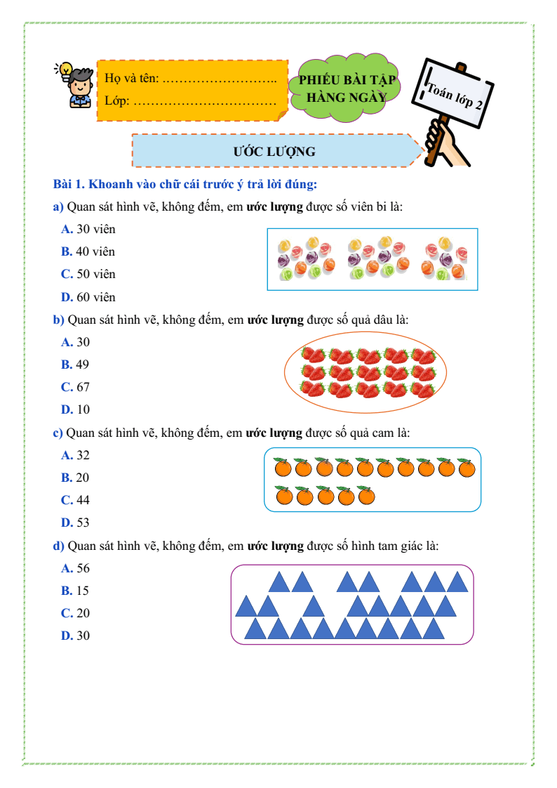 Bài tập hàng ngày Toán lớp 2 Chân trời sáng tạo Học kì 1 (có lời giải)