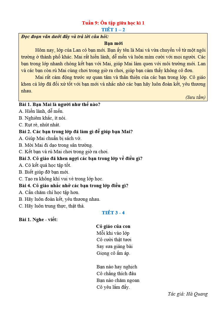 Bài tập hàng ngày Tiếng Việt lớp 2 Ôn tập giữa học kì 1 | Kết nối tri thức