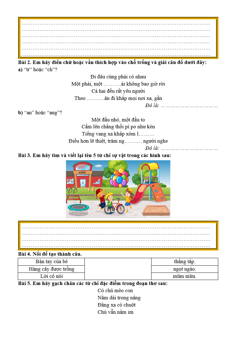 Bài tập hàng ngày Tiếng Việt lớp 2 Ôn tập giữa học kì 1 | Kết nối tri thức