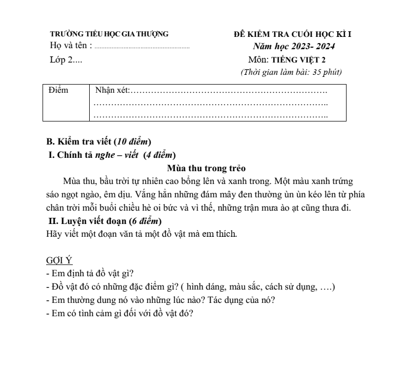 Đề thi Học kì 1 Tiếng Việt lớp 2 năm 2023-2024 trường Tiểu học Gia Thượng (Hà Nội - Đề số 2)
