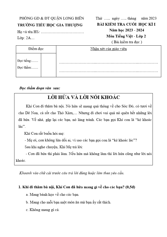 Đề thi Học kì 1 Tiếng Việt lớp 2 năm 2023-2024 trường Tiểu học Gia Thượng (Hà Nội - Đề số 4)