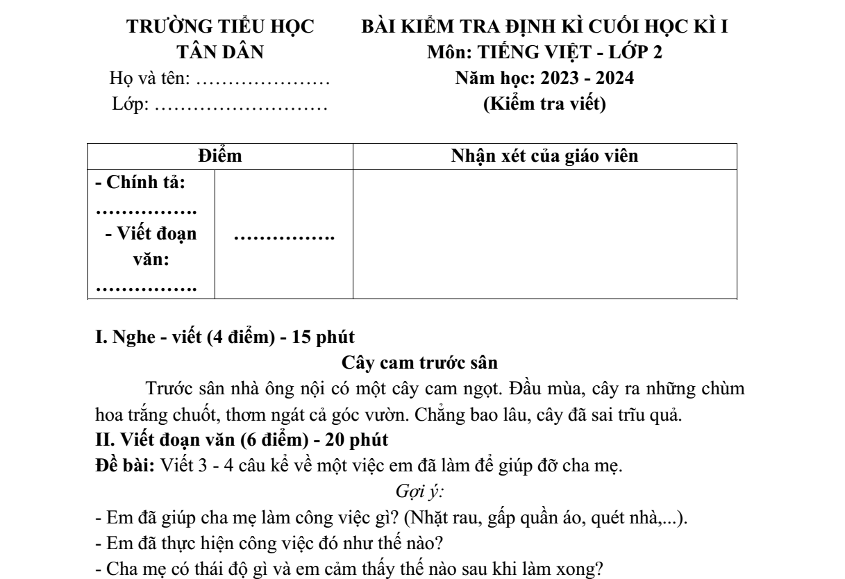 Đề thi Học kì 1 Tiếng Việt lớp 2 năm 2023-2024 trường Tiểu học Tân Dân
