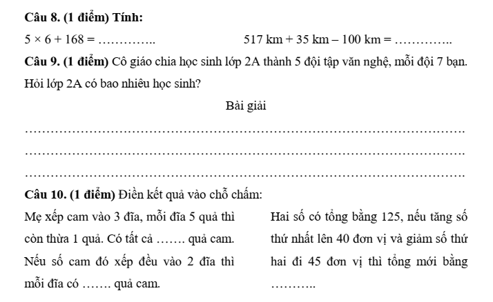 Đề thi Học kì 2 Toán lớp 2 năm 2025-2026 trường Tiểu học Đồng Hòa (Hải Phòng)