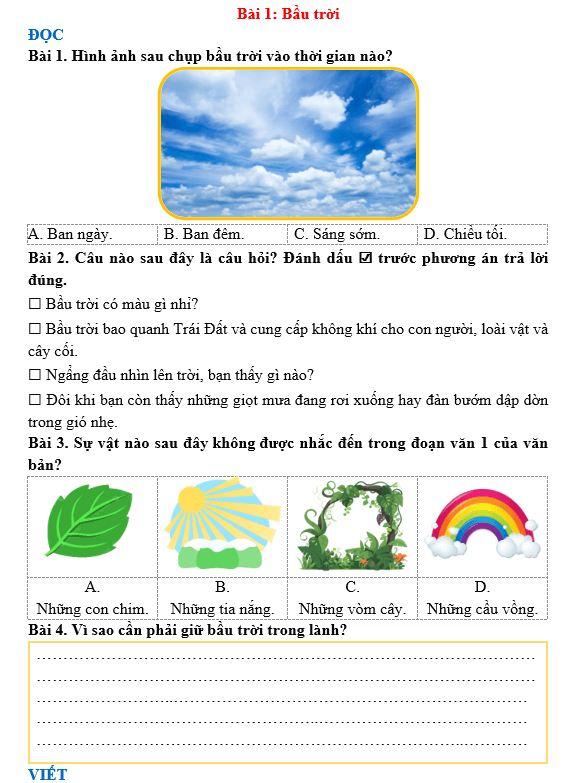 Bài tập hàng ngày Tiếng Việt lớp 3 Bài 1: Bầu trời | Kết nối tri thức