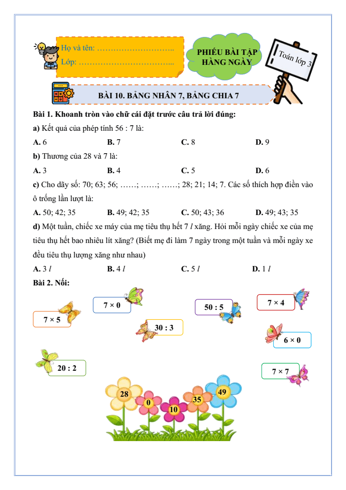 Bài tập hàng ngày Toán lớp 3 Bài 10: Bảng nhân 7, bảng chia 7 | Kết nối tri thức