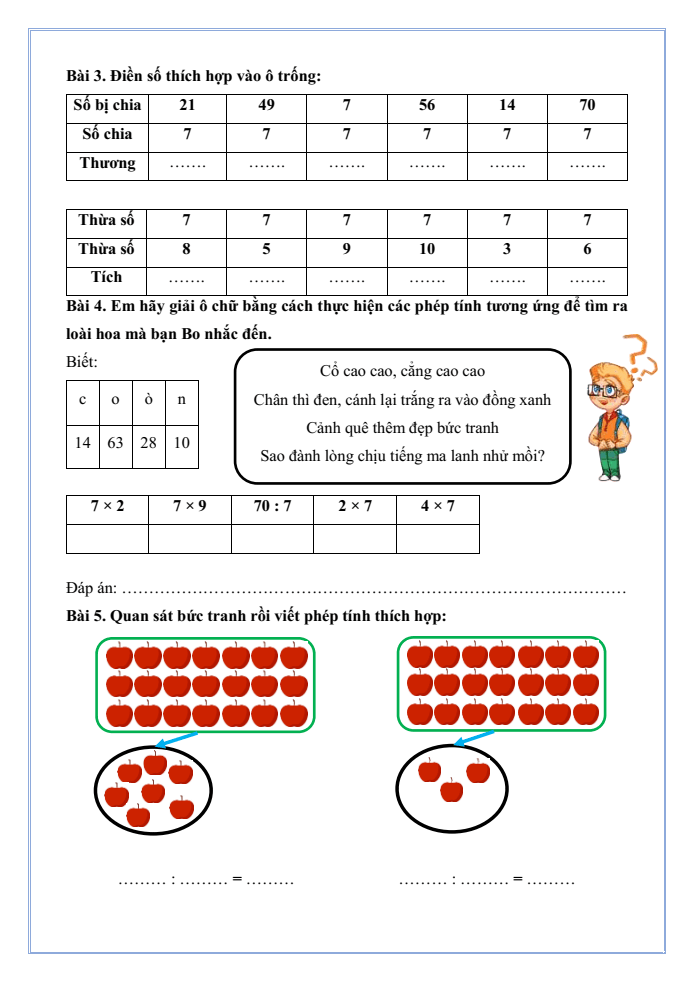 Bài tập hàng ngày Toán lớp 3 Bài 10: Bảng nhân 7, bảng chia 7 | Kết nối tri thức