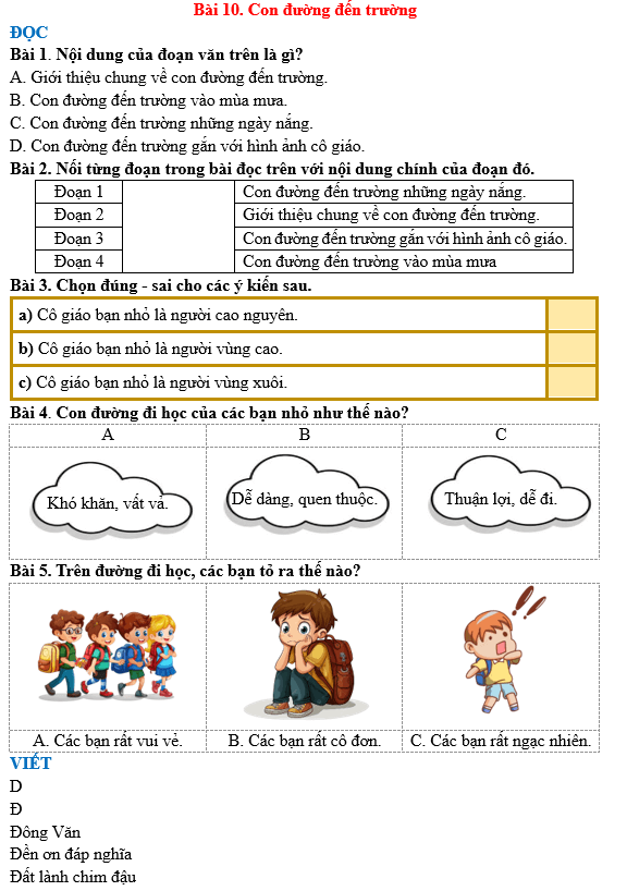 Bài tập hàng ngày Tiếng Việt lớp 3 Bài 10: Con đường đến trường | Kết nối tri thức