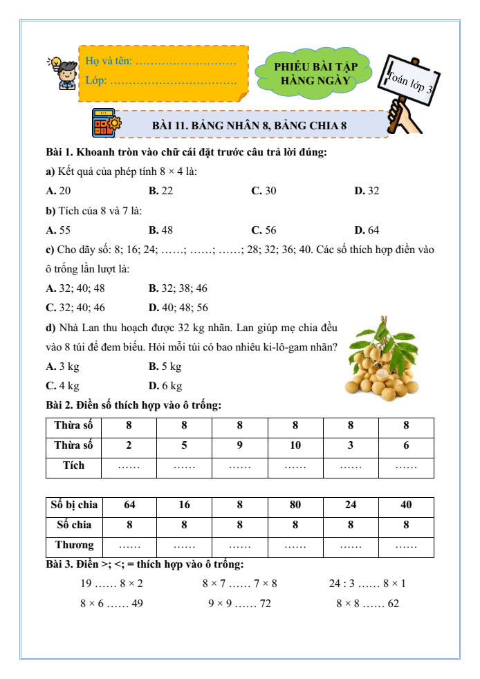 Bài tập hàng ngày Toán lớp 3 Bài 11: Bảng nhân 8, bảng chia 8 | Kết nối tri thức