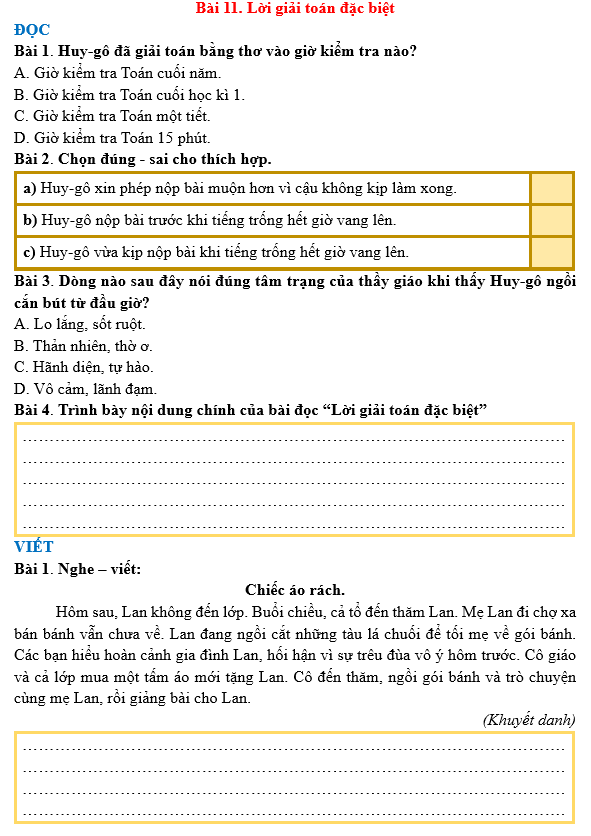 Bài tập hàng ngày Tiếng Việt lớp 3 Bài 11: Lời giải toán đặc biệt | Kết nối tri thức