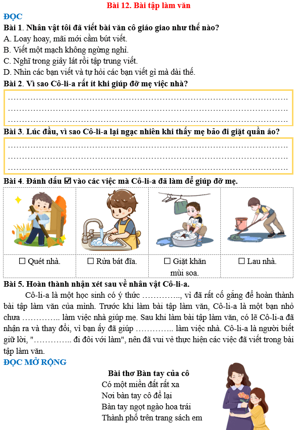 Bài tập hàng ngày Tiếng Việt lớp 3 Bài 12: Bài tập làm văn | Kết nối tri thức
