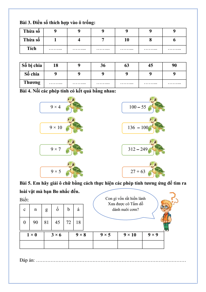 Bài tập hàng ngày Toán lớp 3 Bài 12: Bảng nhân 9, bảng chia 9 | Kết nối tri thức