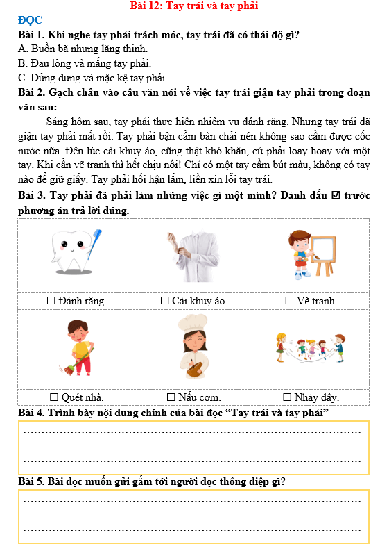 Bài tập hàng ngày Tiếng Việt lớp 3 Bài 12: Tay trái và tay phải | Kết nối tri thức