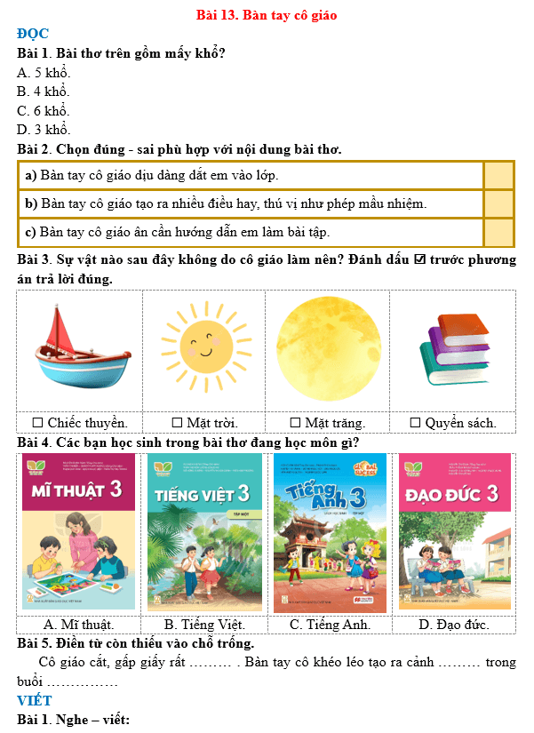 Bài tập hàng ngày Tiếng Việt lớp 3 Bài 13: Bàn tay cô giáo | Kết nối tri thức