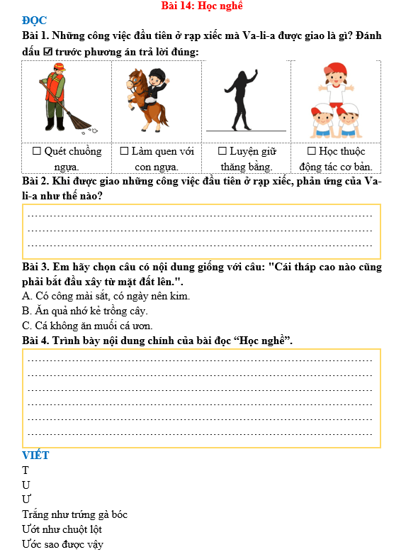 Bài tập hàng ngày Tiếng Việt lớp 3 Bài 14: Học nghề | Kết nối tri thức